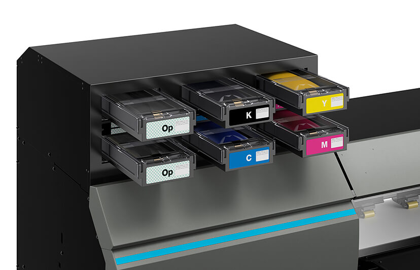 Close up of inks as installed on Roland DG AP-640 wide-format latex ink printer.